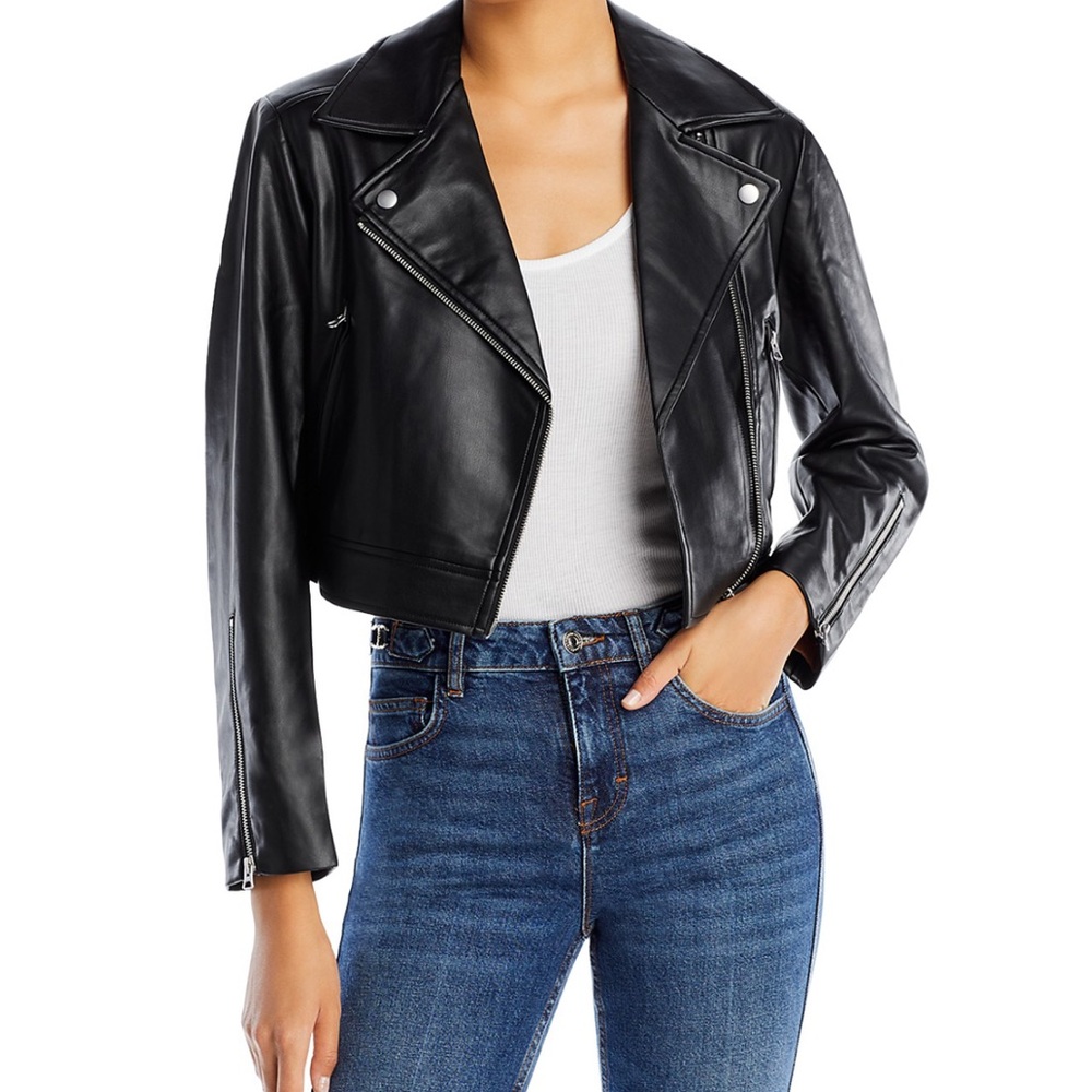 French Connection Cropped Black Leather Biker Moto Jacket